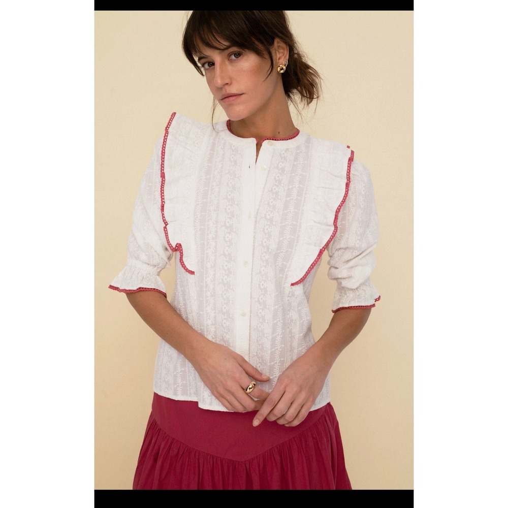 Sonmer Womens White Eyelet Cottonโ Ruffle Blouse Pink Crochet Trim Small NWT